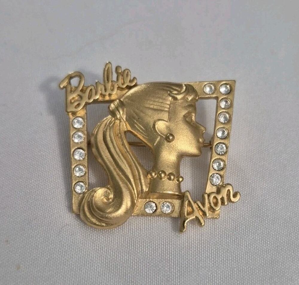 Vintage 1998 Mattel Barbie Avon Brooch Gold Tone Rhinestone Profile Pin